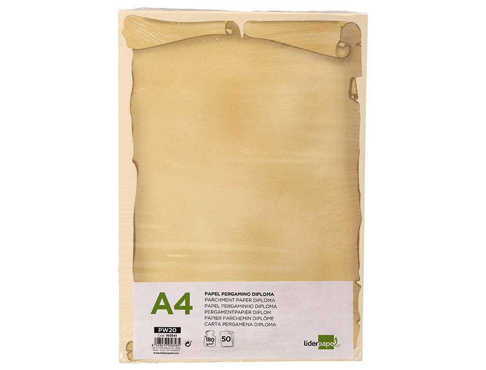 PAPEL PERGAMINO LIDERPAPEL DIN A4 DIPLOMA 180 GR PAQUETE DE 50 HOJAS