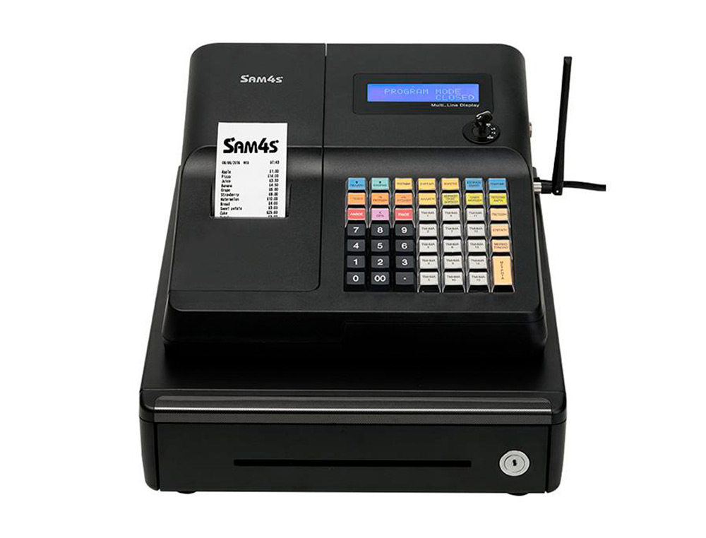 REGISTRADORA SAM4S ER-260EJ 15 DEPARTAMENTOS 10 EMPLEADOS VISOR LCD CAJON GRANDE COLOR NEGRO 430X450X242 MM