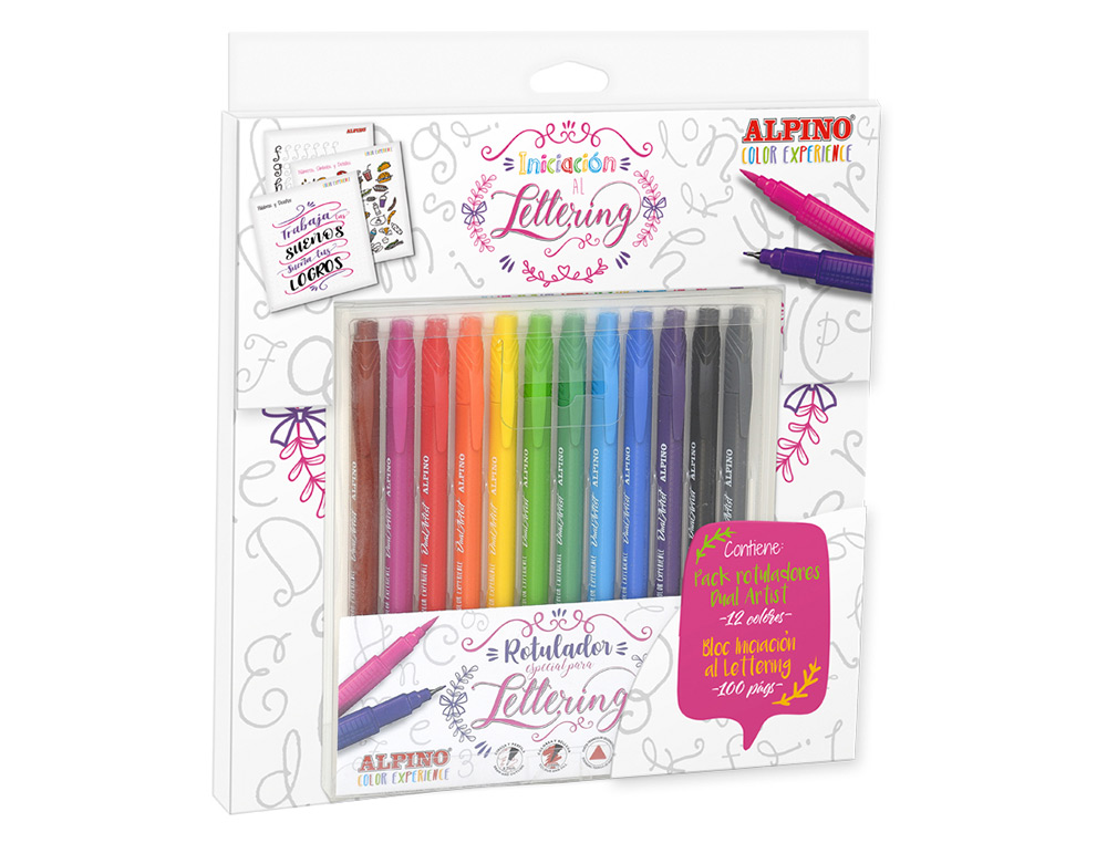 SET DE DIBUJO ALPINO INICIACION AL LETTERING 12 ROTULADORES PUNTA FINA Y PUNTA PINCEL COLORES SURTIDOS