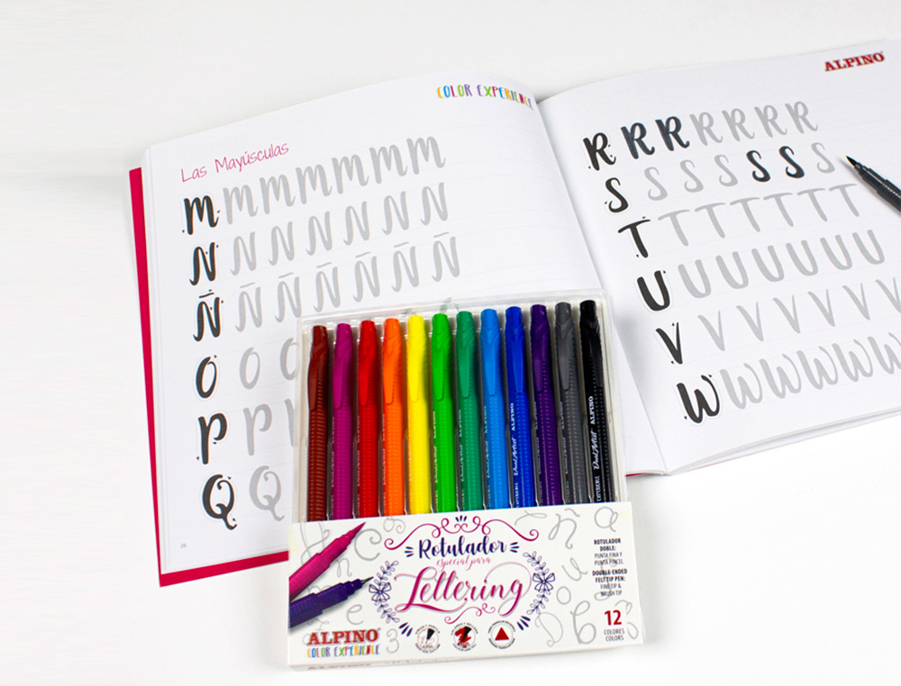 SET DE DIBUJO ALPINO INICIACION AL LETTERING 12 ROTULADORES PUNTA FINA Y PUNTA PINCEL COLORES SURTIDOS