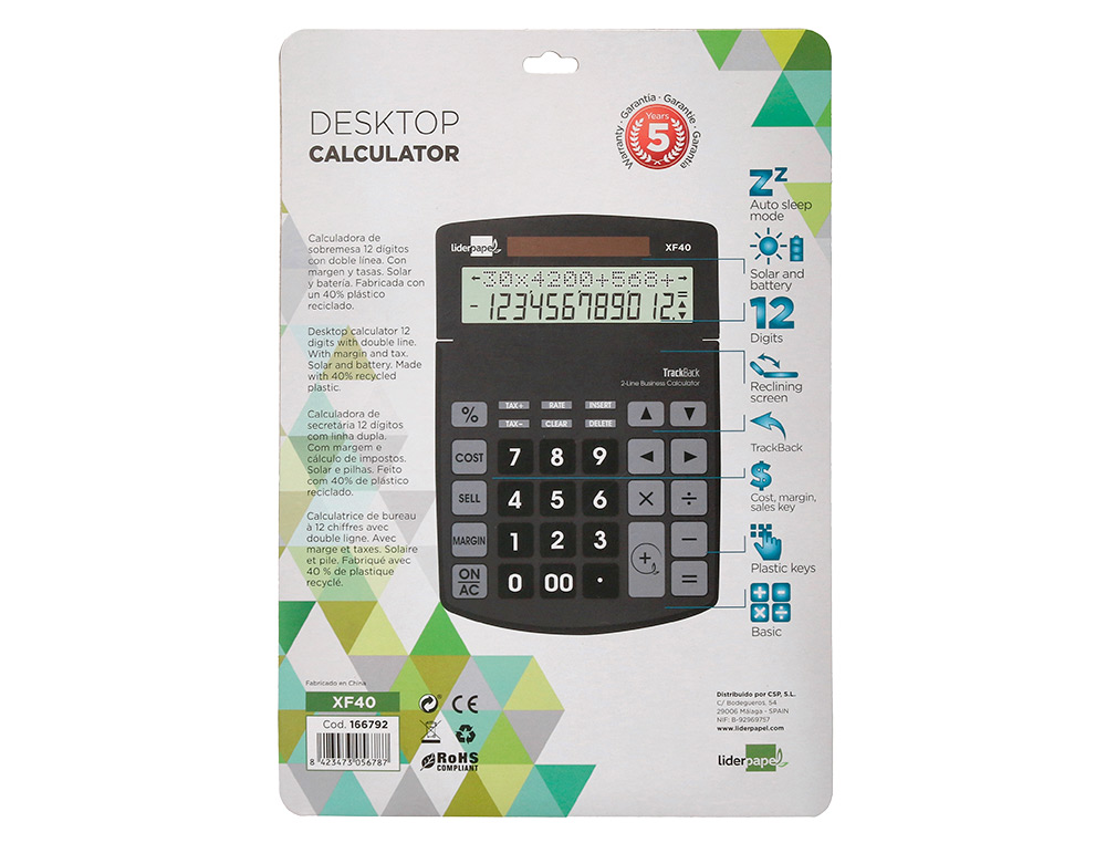 CALCULADORA LIDERPAPEL SOBREMESA XF40 12 DIGITOS DOS LINEAS SOLAR Y PILAS NEGRO 175X120X30 MM 40% RECICLADA