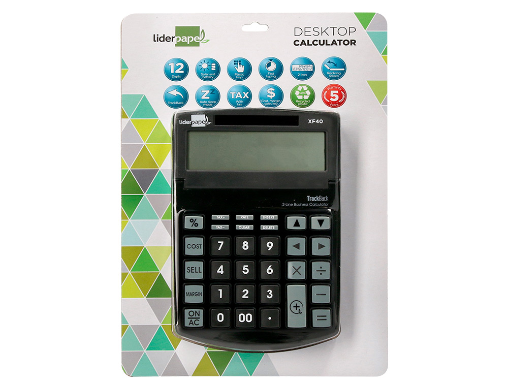 CALCULADORA LIDERPAPEL SOBREMESA XF40 12 DIGITOS DOS LINEAS SOLAR Y PILAS NEGRO 175X120X30 MM 40% RECICLADA
