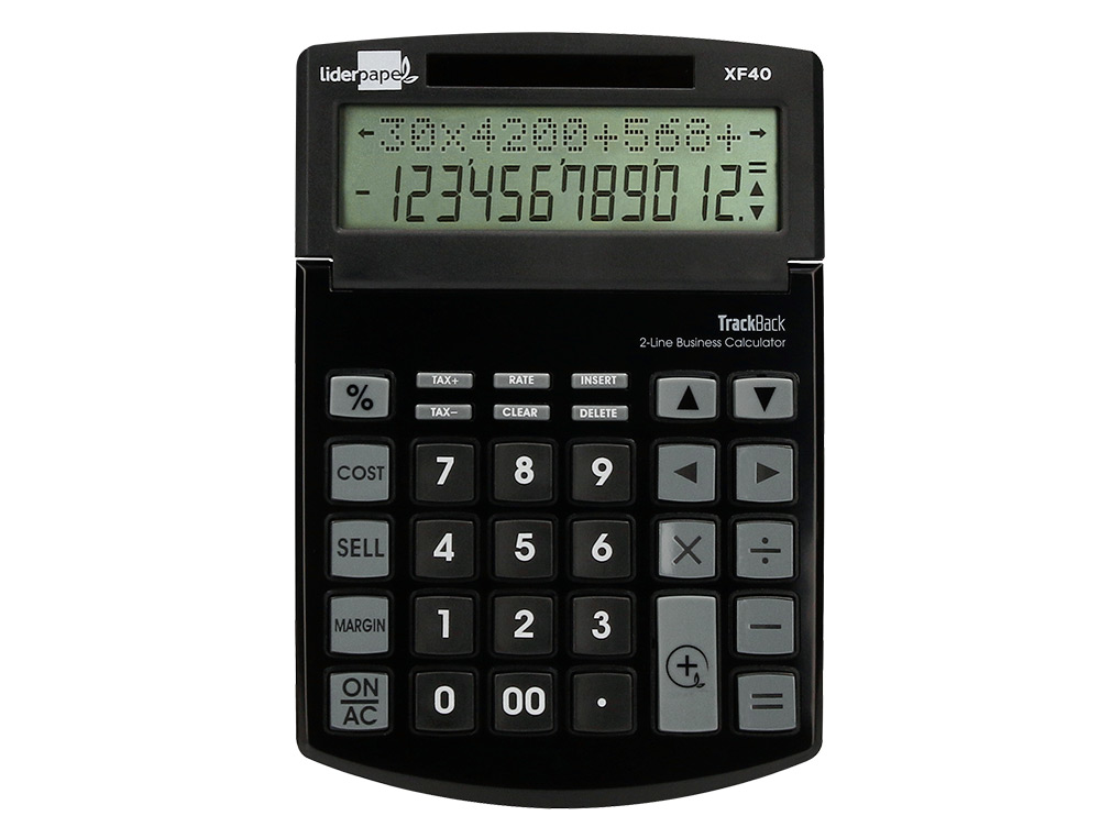 CALCULADORA LIDERPAPEL SOBREMESA XF40 12 DIGITOS DOS LINEAS SOLAR Y PILAS NEGRO 175X120X30 MM 40% RECICLADA