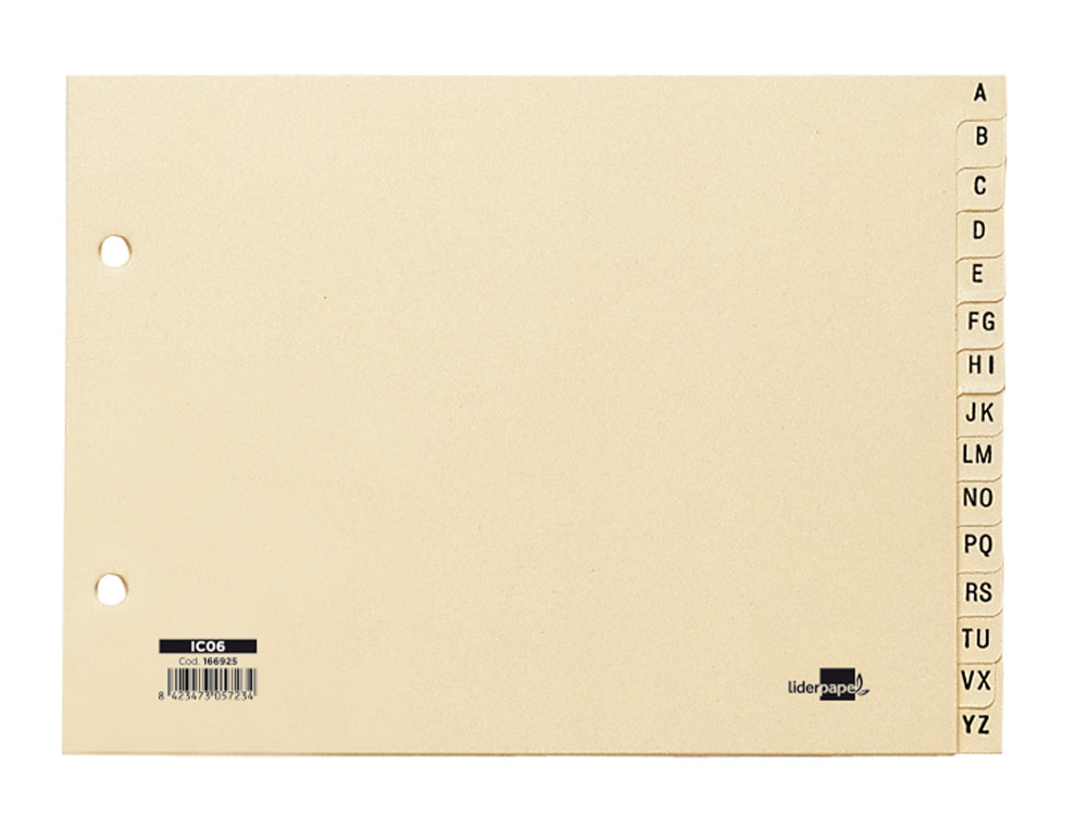 INDICE ALFABETICO LIDERPAPEL CARTULINA PARA ARCHIVADOR 15 POSICIONES A-Z CUARTO APAISADO