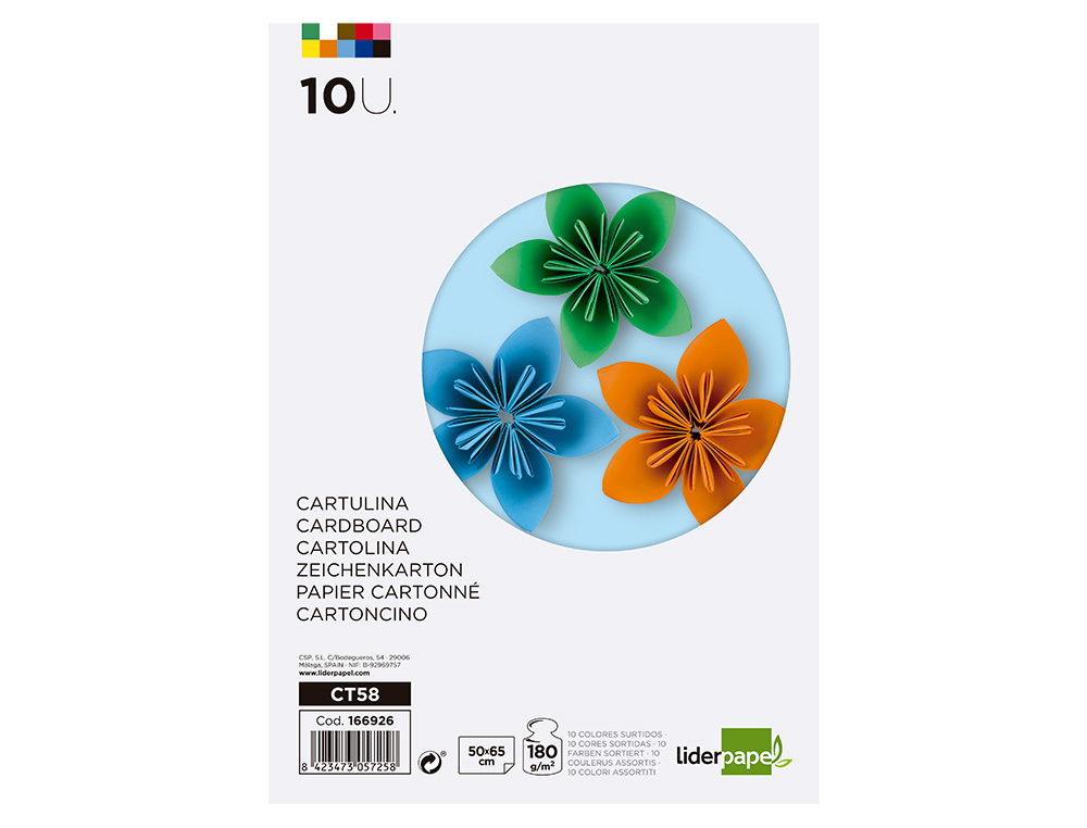 CARTULINA LIDERPAPEL 50X65 CM 180G/M2 10 COLORES SURTIDOS PAQUETE DE 10 HOJAS