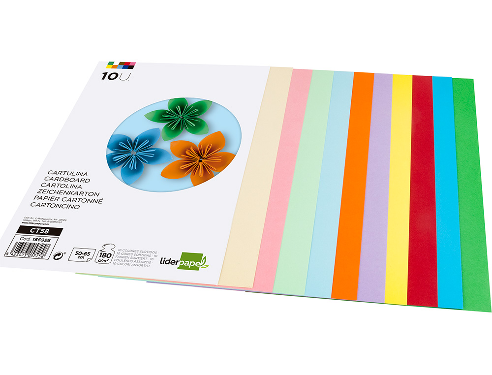 CARTULINA LIDERPAPEL 50X65 CM 180G/M2 10 COLORES SURTIDOS PAQUETE DE 10 HOJAS