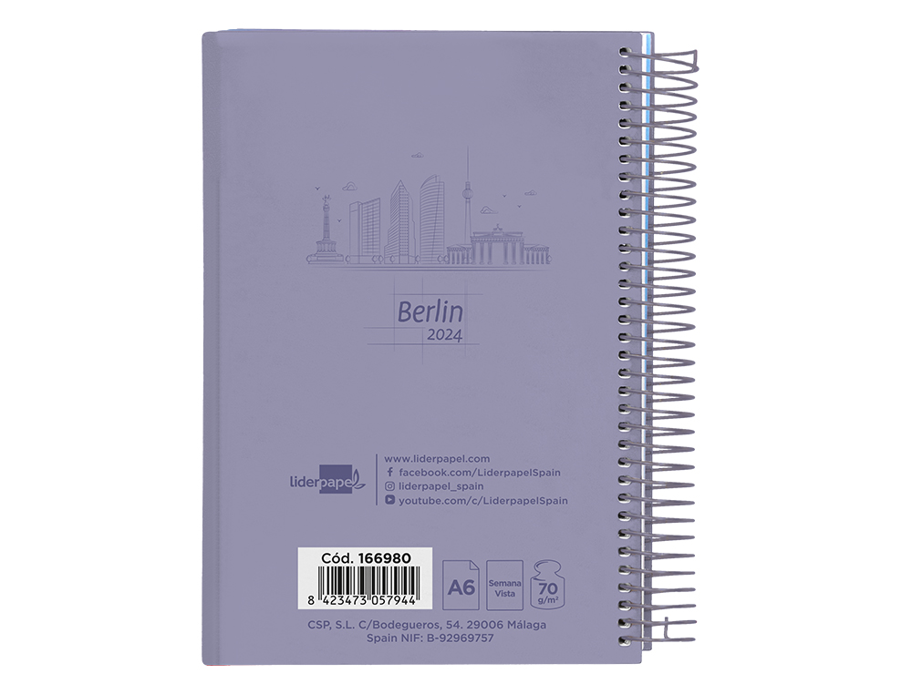 AGENDA ESPIRAL LIDERPAPEL GAZI A6 2024 SEMANA VISTA PORTADA POLIPROPILENO PAPEL 70 GR BERLIN