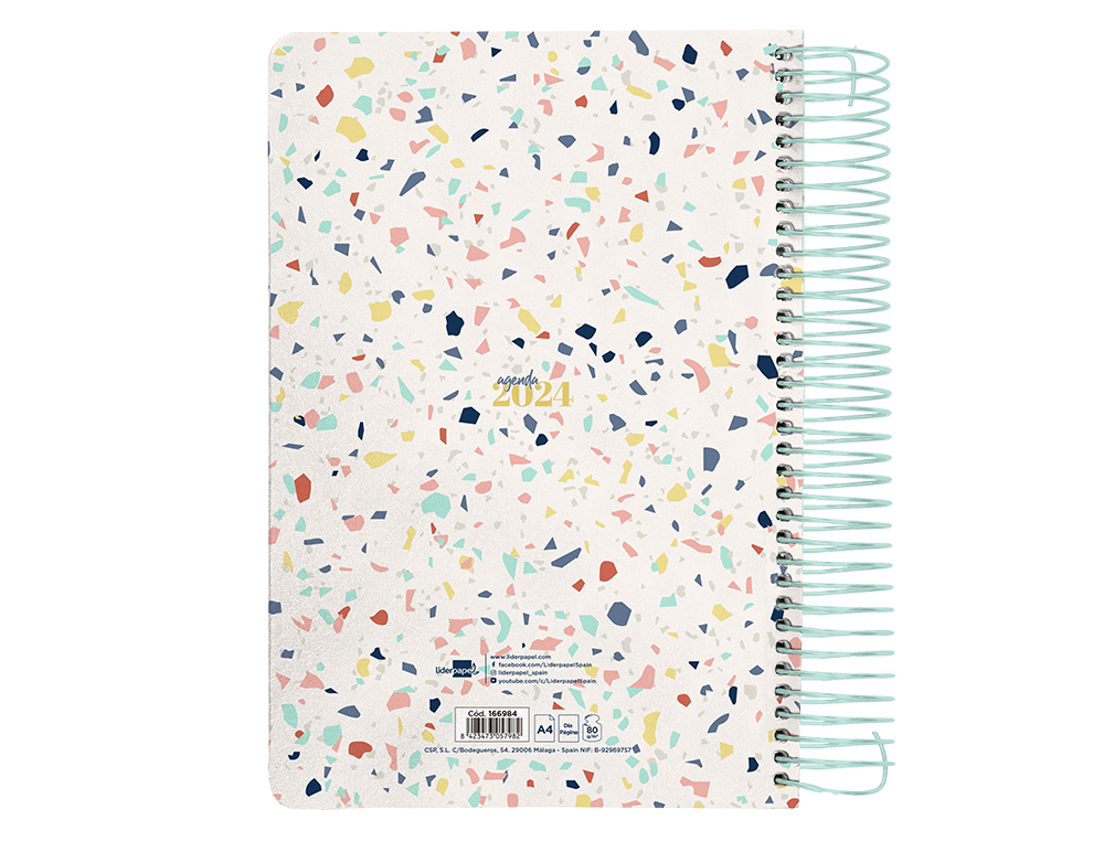 AGENDA ESPIRAL LIDERPAPEL PERISSA A4 2024 DIA PAGINA PAPEL 80 GR DISEO TERRAZO