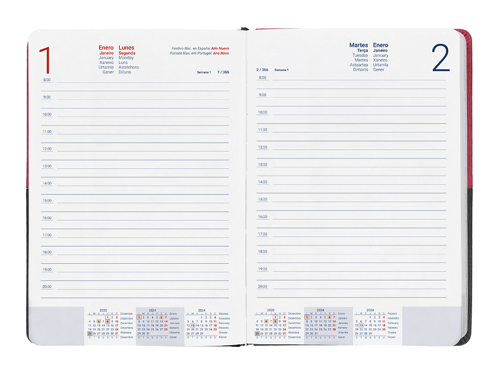 AGENDA ENCUADERNADA LIDERPAPEL LEONTIO A5 2024 DIA PAGINA GRIS Y ROJO PAPEL 70 GR