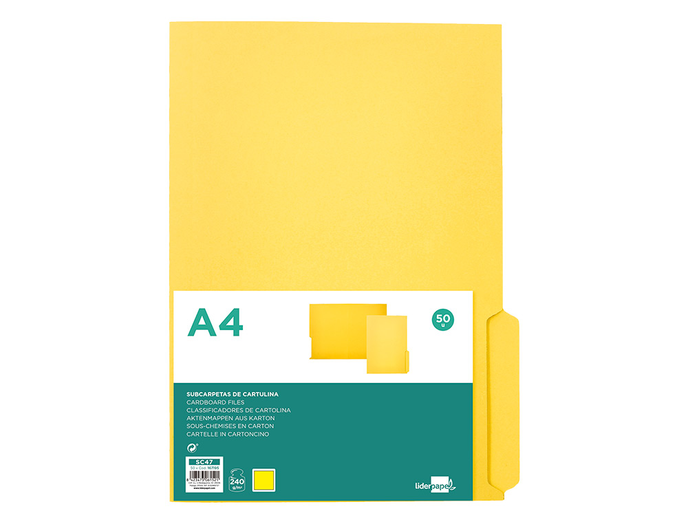 SUBCARPETA CARTULINA LIDERPAPEL DIN A4 PESTAA DERECHA 240G/M2 COLOR AMARILLO