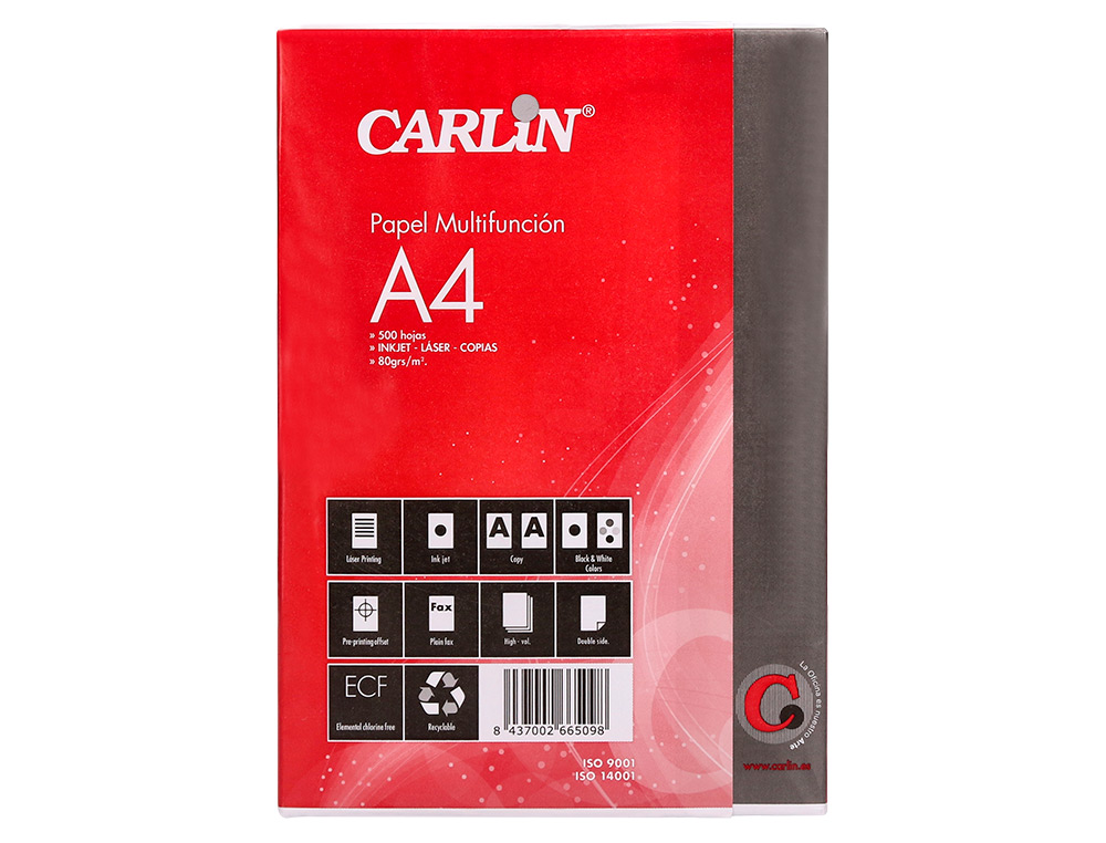 PAPEL FOTOCOPIADORA CARLIN DIN A4 80 GRAMOS PAQUETE DE 500 HOJAS
