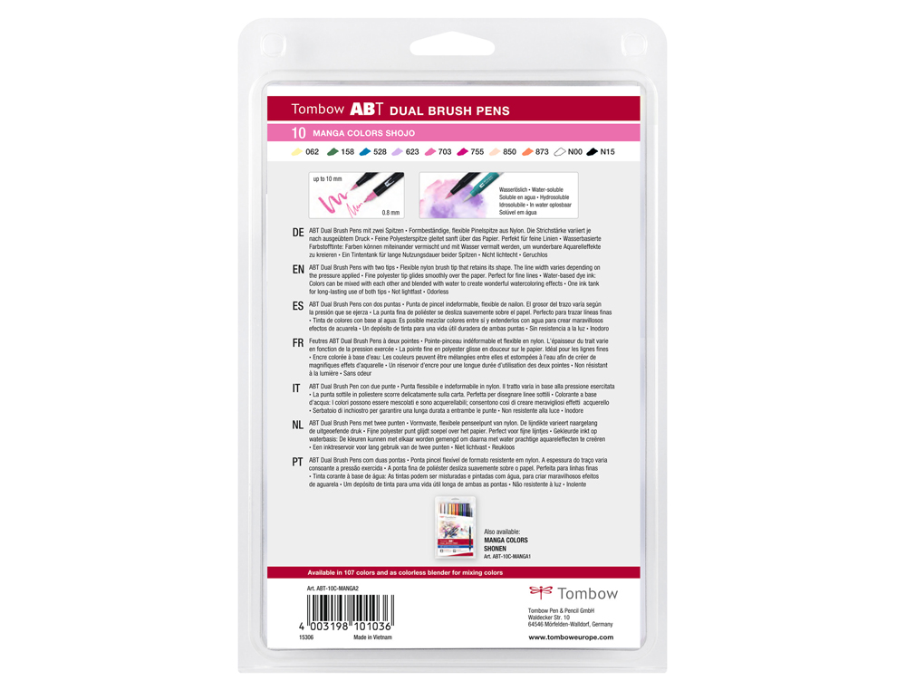 ROTULADOR TOMBOW ABT DUAL BRUSH ACUARELABLE DOBLE PUNTA FINA/PINCEL ESTUCHE DE 10 COLORES MANGA SHOJO