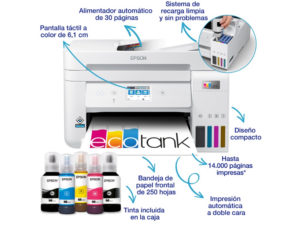 EQUIPO MULTIFUNCION EPSON ECOTANK ET-4856 TINTA 33 PPM ESCANER COPIADORA IMPRESORA FAX BANDEJA ENTRADA 250 HOJAS