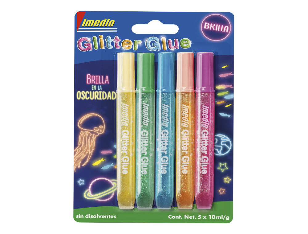 PEGAMENTO IMEDIO GLITTER GLUE BRILLA EN LA OSCURIDAD PARA MANUALIDADES 10 ML BLISTER DE 5 UNIDADES COLORES SURTIDOS