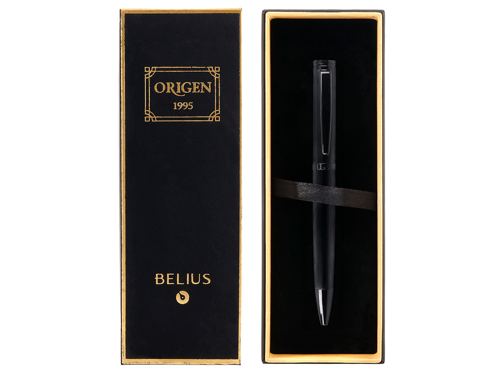 BOLIGRAFO BELIUS ORIGEN 1995 ALUMINIO TEXTURA CEPILLADA COLOR NEGRO TINTA AZUL CAJA DE DISEO