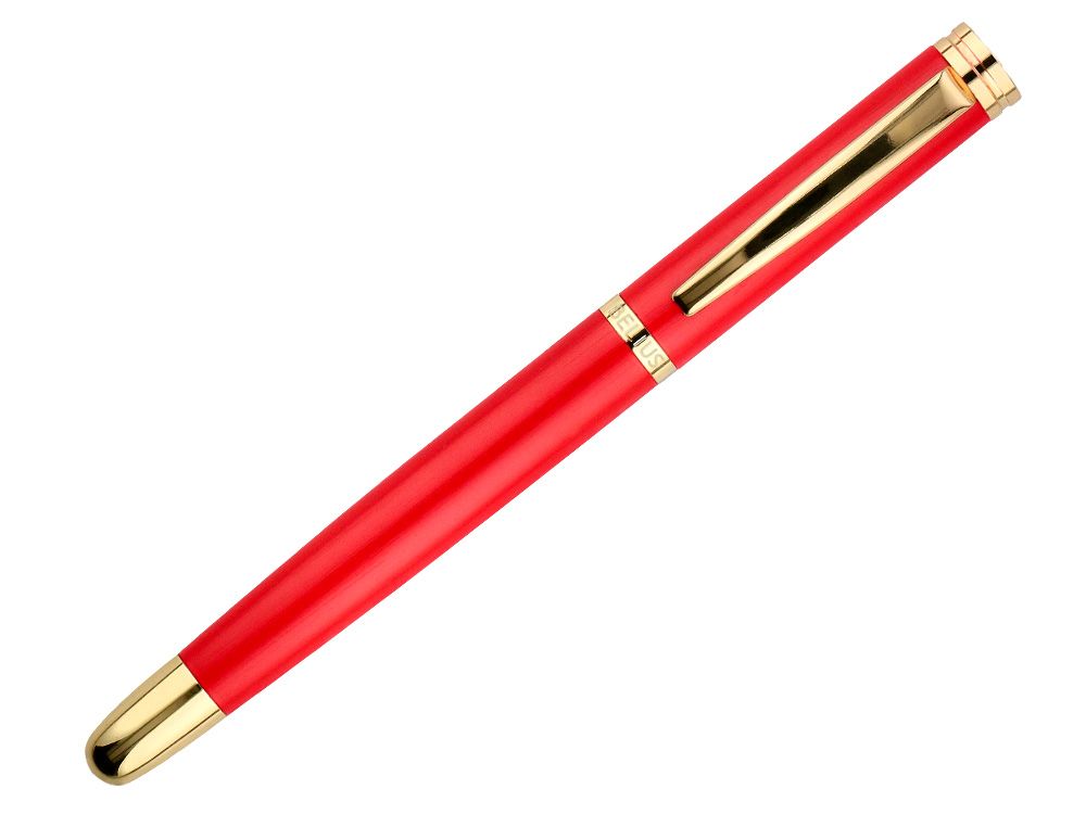 PLUMA Y ESTUCHE CUERO BELIUS PASSION DOR ALUMINIO TEXTURA CEPILLADA COLOR ROJO Y DORADO TINTA AZUL CAJA DE DISEÑO