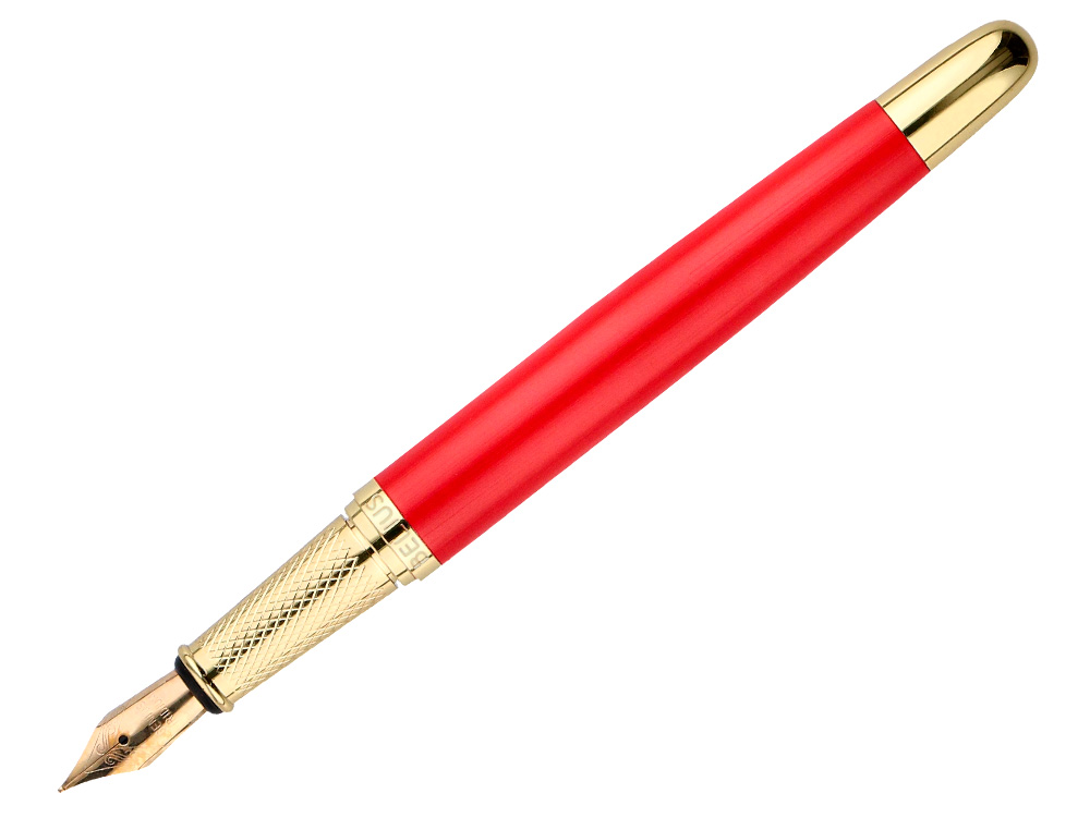 PLUMA Y ESTUCHE CUERO BELIUS PASSION DOR ALUMINIO TEXTURA CEPILLADA COLOR ROJO Y DORADO TINTA AZUL CAJA DE DISEÑO