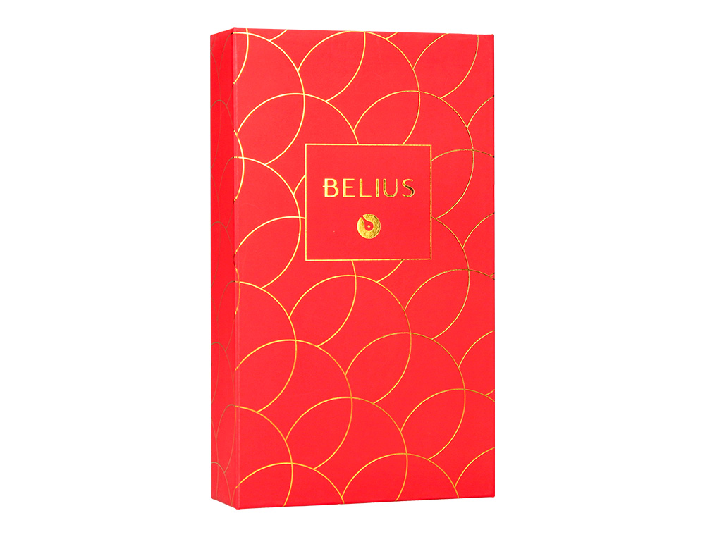 PLUMA Y ESTUCHE CUERO BELIUS PASSION DOR ALUMINIO TEXTURA CEPILLADA COLOR ROJO Y DORADO TINTA AZUL CAJA DE DISEÑO