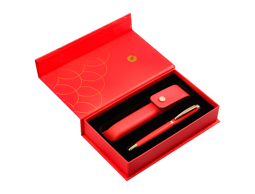 PLUMA Y ESTUCHE CUERO BELIUS PASSION DOR ALUMINIO TEXTURA CEPILLADA COLOR ROJO Y DORADO TINTA AZUL CAJA DE DISEÑO