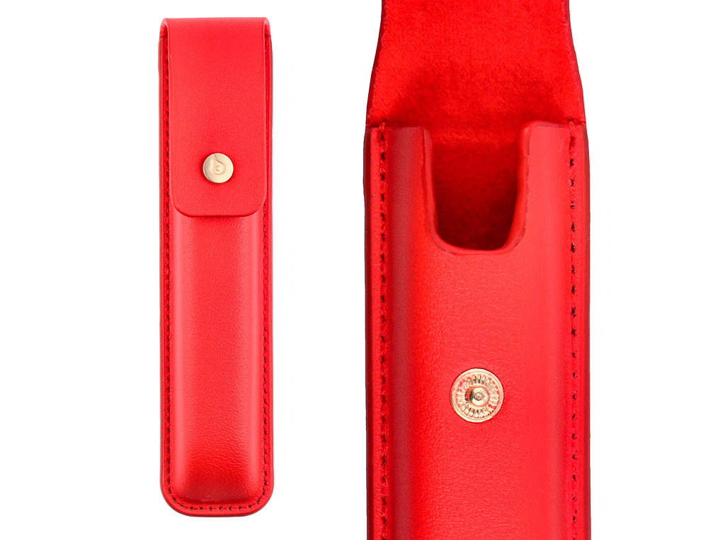 PLUMA Y ESTUCHE CUERO BELIUS PASSION DOR ALUMINIO TEXTURA CEPILLADA COLOR ROJO Y DORADO TINTA AZUL CAJA DE DISEÑO