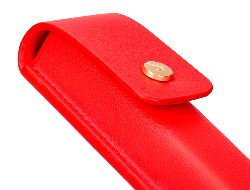 PLUMA Y ESTUCHE CUERO BELIUS PASSION DOR ALUMINIO TEXTURA CEPILLADA COLOR ROJO Y DORADO TINTA AZUL CAJA DE DISEÑO