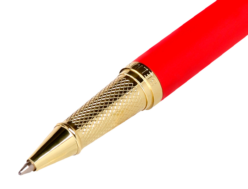 BOLIGRAFO Y ESTUCHE BELIUS PASSION DOR ALUMINIO TEXTURA CEPILLADA COLOR ROJO Y DORADO TINTA AZUL CAJA DE DISEÑO