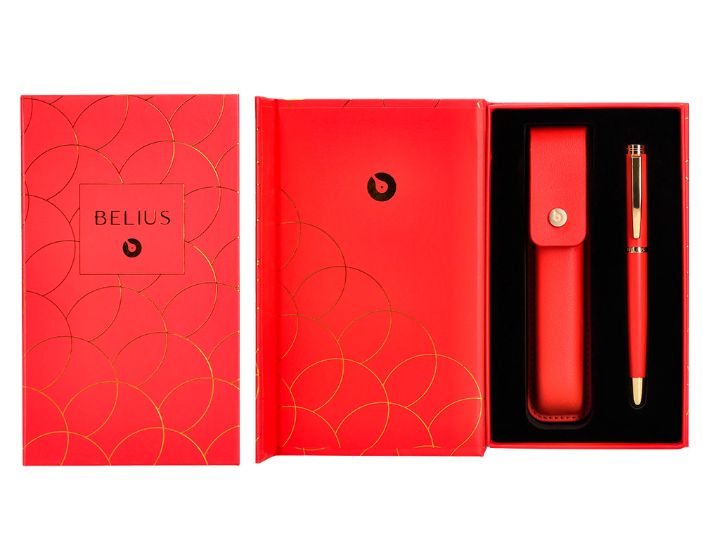 BOLIGRAFO Y ESTUCHE BELIUS PASSION DOR ALUMINIO TEXTURA CEPILLADA COLOR ROJO Y DORADO TINTA AZUL CAJA DE DISEÑO