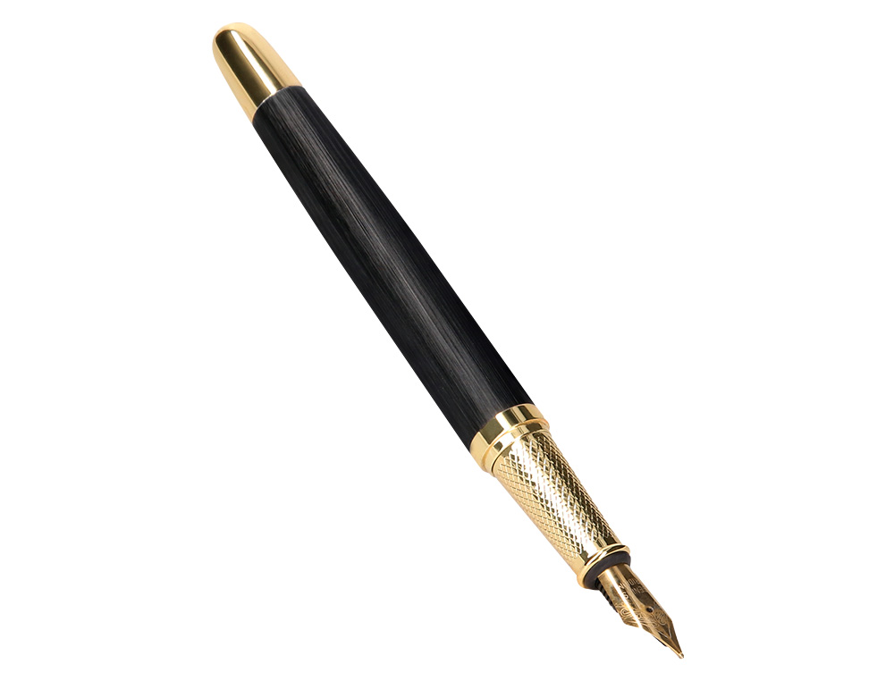 PLUMA BELIUS PASSION DOR ALUMINIO TEXTURA CEPILLADA COLOR NEGRO Y DORADO TINTA AZUL CAJA DE DISEÑO