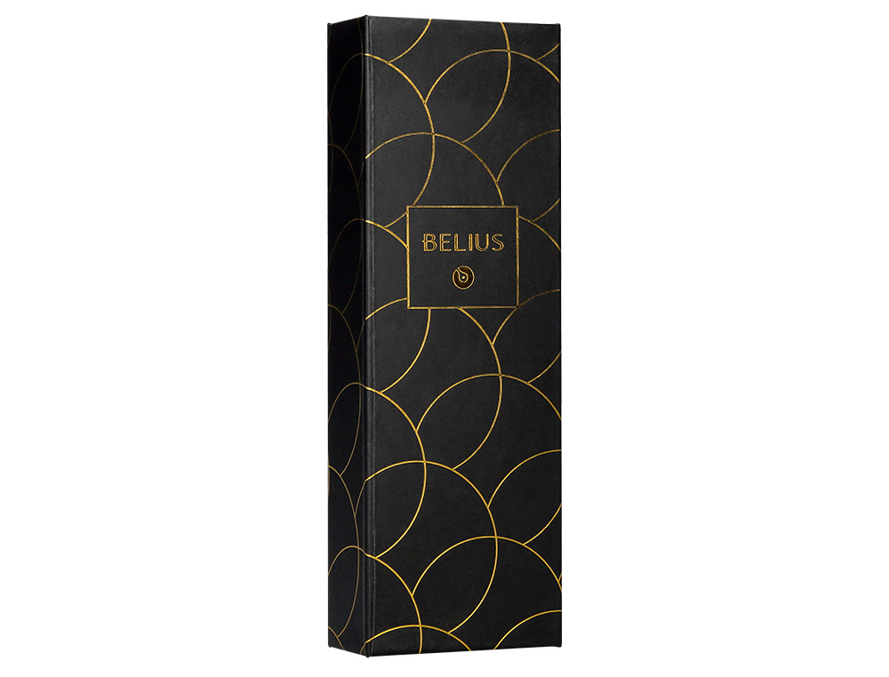 PLUMA BELIUS PASSION DOR ALUMINIO TEXTURA CEPILLADA COLOR NEGRO Y DORADO TINTA AZUL CAJA DE DISEÑO