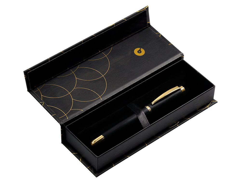 PLUMA BELIUS PASSION DOR ALUMINIO TEXTURA CEPILLADA COLOR NEGRO Y DORADO TINTA AZUL CAJA DE DISEÑO