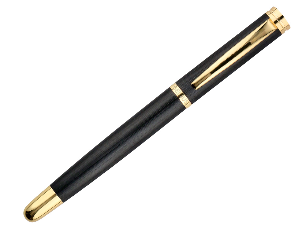 PLUMA BELIUS PASSION DOR ALUMINIO TEXTURA CEPILLADA COLOR NEGRO Y DORADO TINTA AZUL CAJA DE DISEÑO