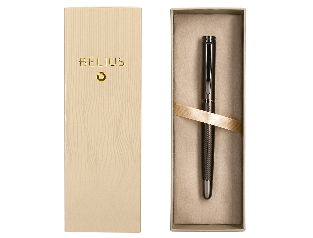 PLUMA BELIUS NEPTUNO ALUMINIO TEXTURA WAVY COLOR CAQUI TINTA AZUL CAJA DE DISEÑO