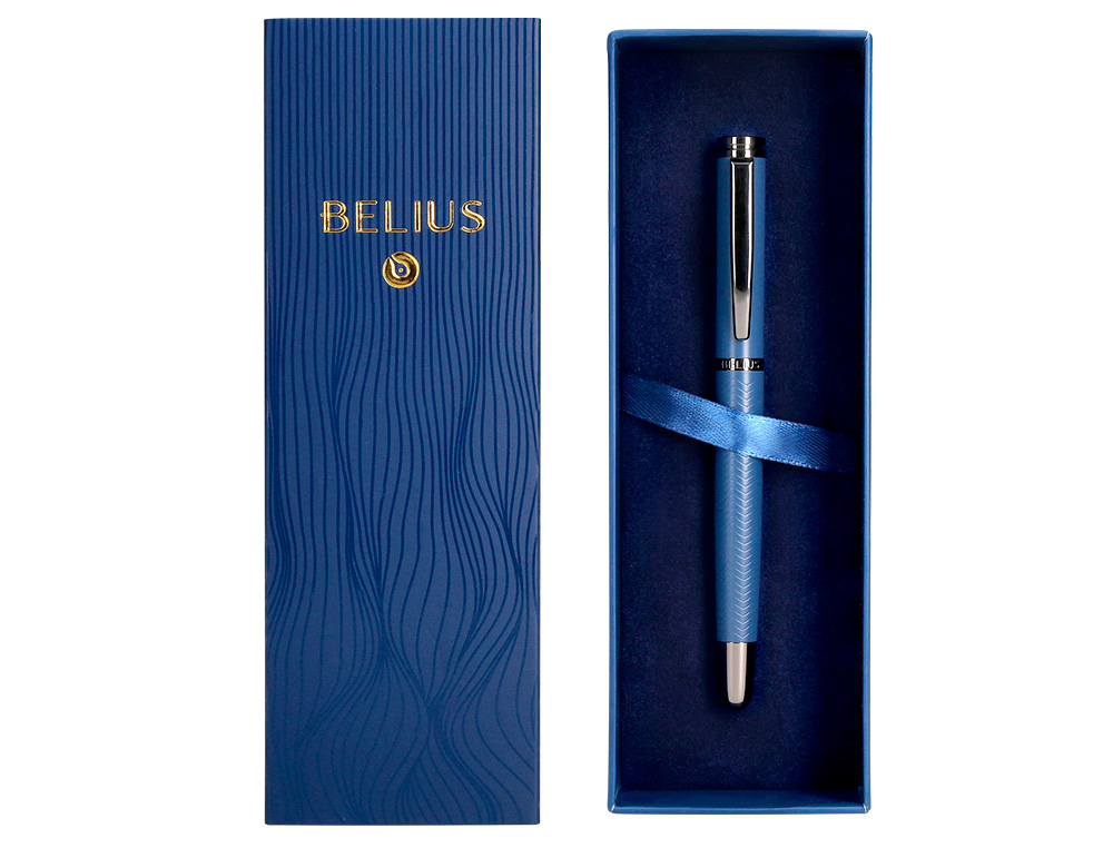 PLUMA BELIUS NEPTUNO ALUMINIO TEXTURA WAVY COLOR AZUL MARINO TINTA AZUL CAJA DE DISEÑO