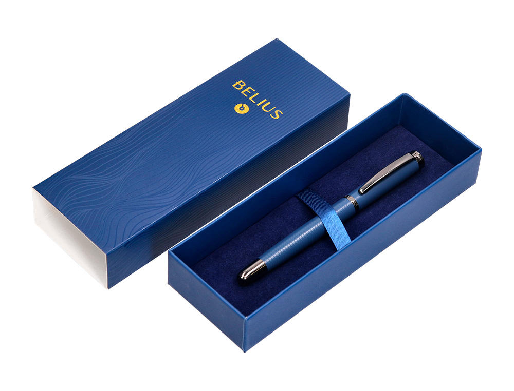 PLUMA BELIUS NEPTUNO ALUMINIO TEXTURA WAVY COLOR AZUL MARINO TINTA AZUL CAJA DE DISEÑO