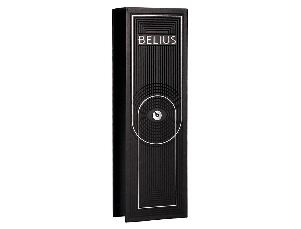 BOLIGRAFO BELIUS TURBO ALUMINIO TEXTURA PUNTEADA COLOR NEGRO Y PLATEADO TINTA AZUL CAJA DE DISEÑO