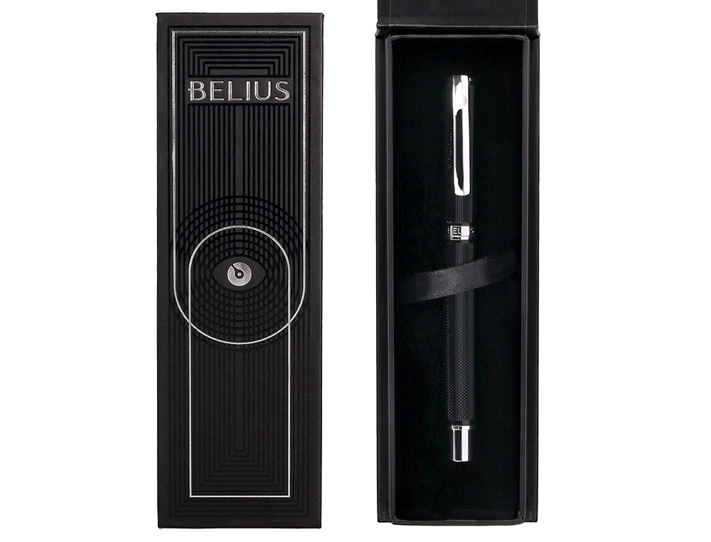 BOLIGRAFO BELIUS TURBO ALUMINIO TEXTURA PUNTEADA COLOR NEGRO Y PLATEADO TINTA AZUL CAJA DE DISEÑO