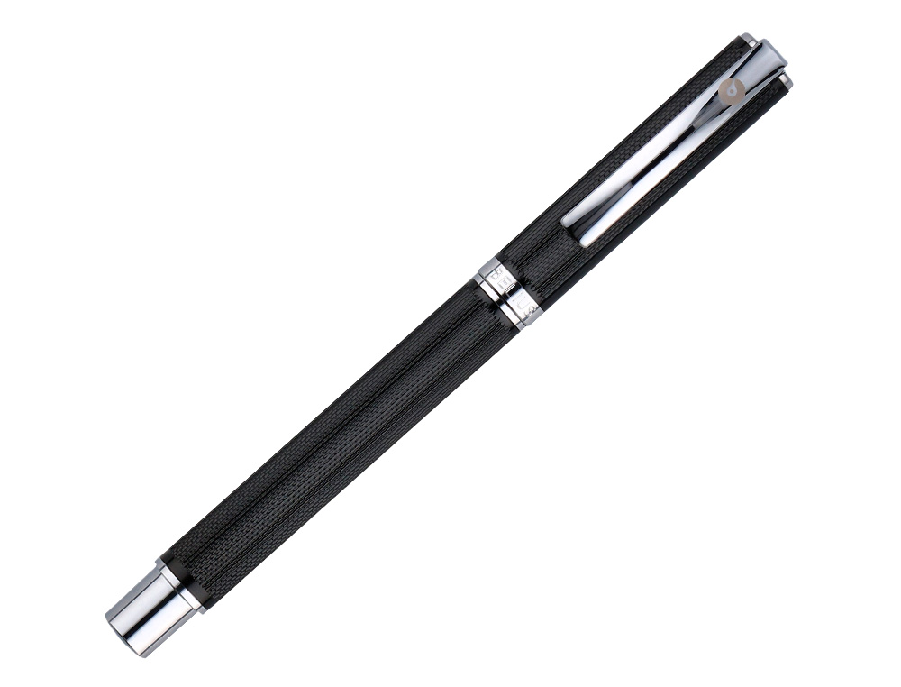 BOLIGRAFO BELIUS TURBO ALUMINIO TEXTURA PUNTEADA COLOR NEGRO Y PLATEADO TINTA AZUL CAJA DE DISEÑO