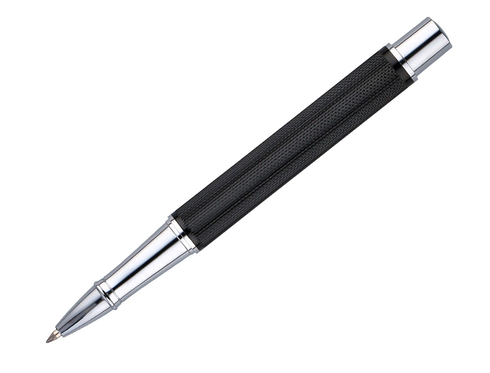 BOLIGRAFO BELIUS TURBO ALUMINIO TEXTURA PUNTEADA COLOR NEGRO Y PLATEADO TINTA AZUL CAJA DE DISEÑO