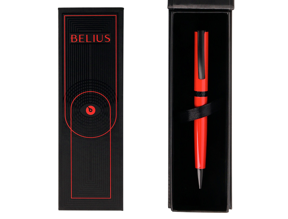 BOLIGRAFO BELIUS TURBO ALUMINIO COLOR ROJO Y NEGRO TINTA AZUL CAJA DE DISEÑO