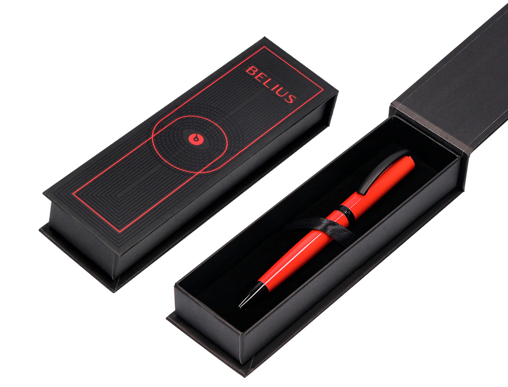 BOLIGRAFO BELIUS TURBO ALUMINIO COLOR ROJO Y NEGRO TINTA AZUL CAJA DE DISEÑO