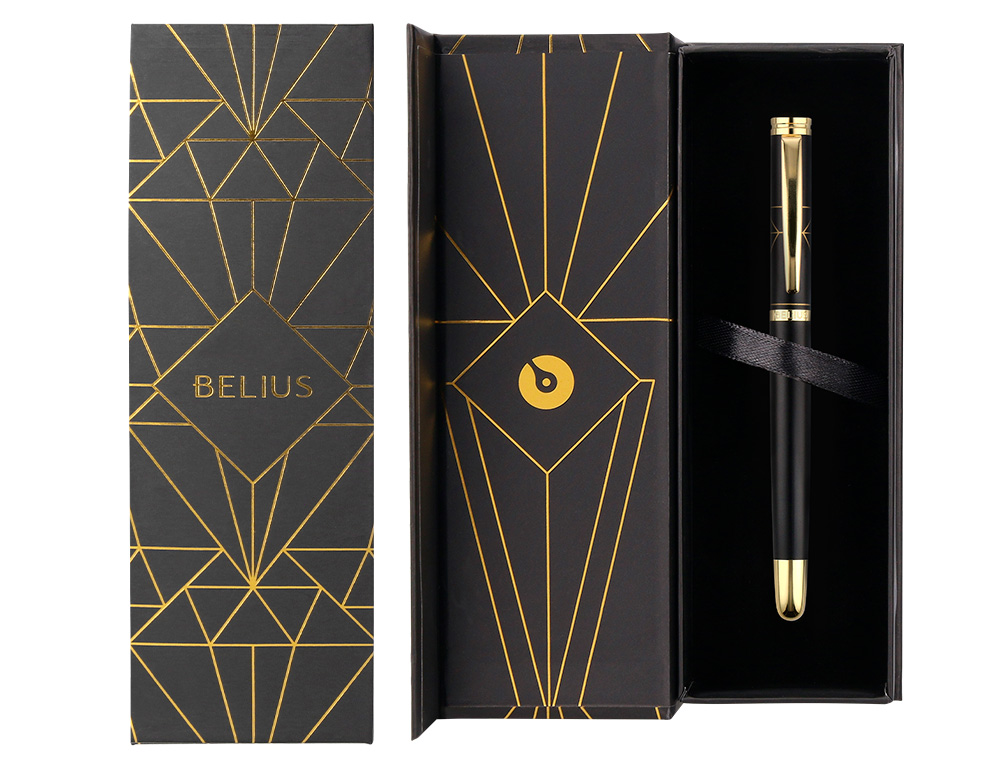PLUMA BELIUS SOIREE ALUMINIO COLOR ART DECO NEGRO Y DORADO TINTA AZUL CAJA DE DISEÑO