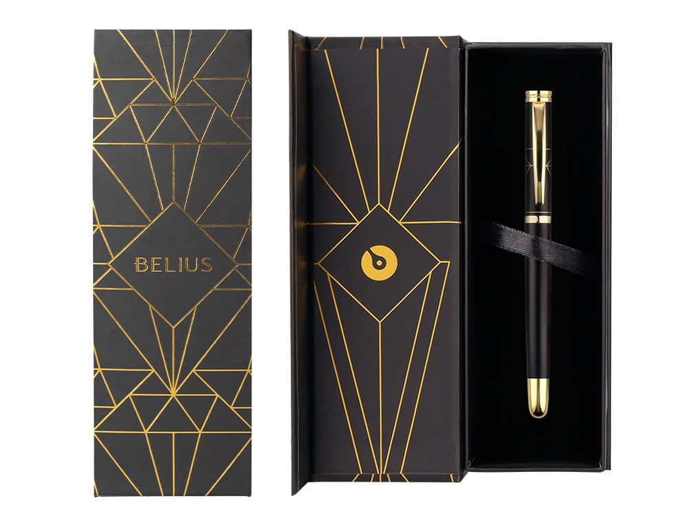 BOLIGRAFO BELIUS SOIREE ALUMINIO COLOR ART DECO NEGRO Y DORADO TINTA AZUL CAJA DE DISEÑO