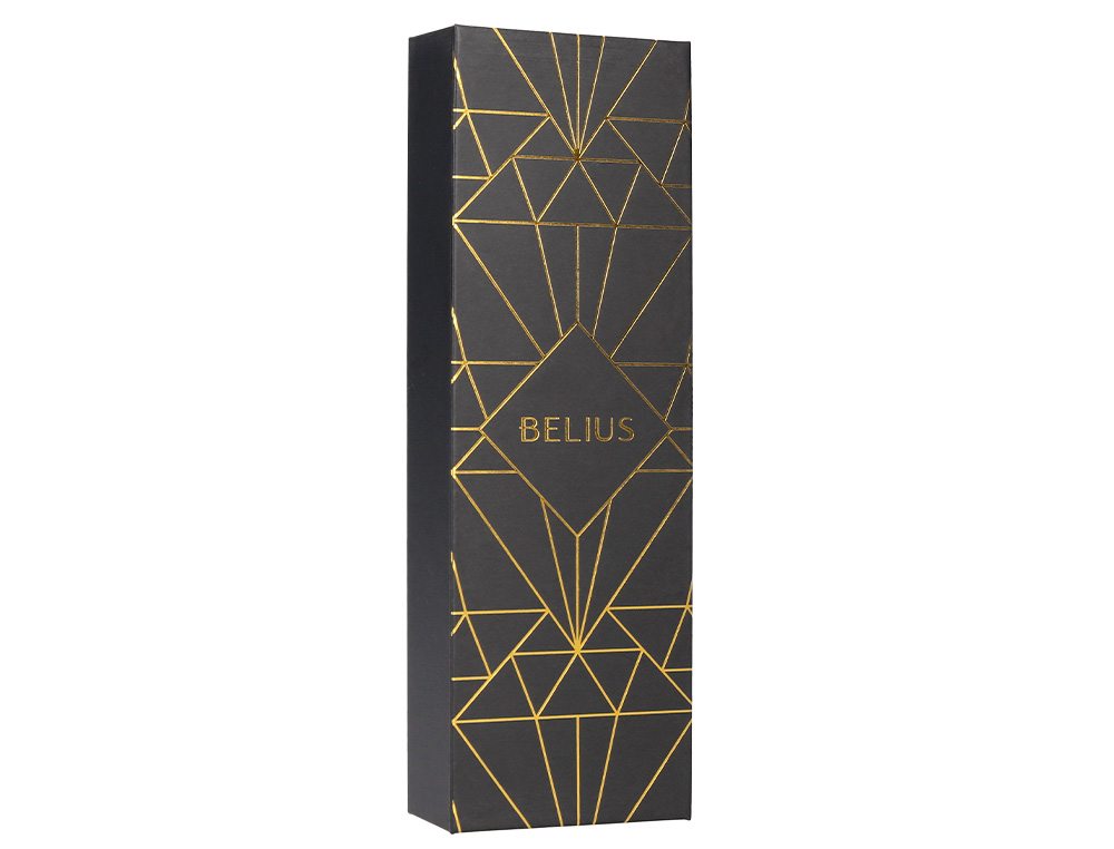 BOLIGRAFO BELIUS SOIREE ALUMINIO COLOR ART DECO NEGRO Y DORADO TINTA AZUL CAJA DE DISEÑO