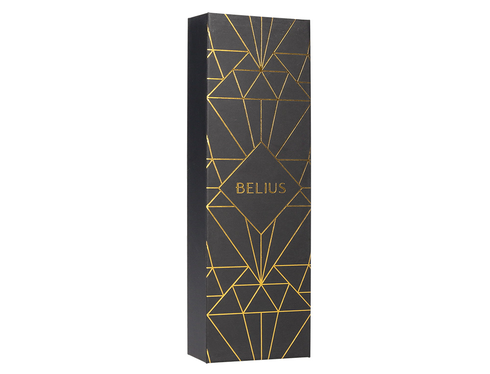 BOLIGRAFO BELIUS SOIREE ALUMINIO COLOR ART DECO NEGRO Y DORADO TINTA AZUL CAJA DE DISEÑO