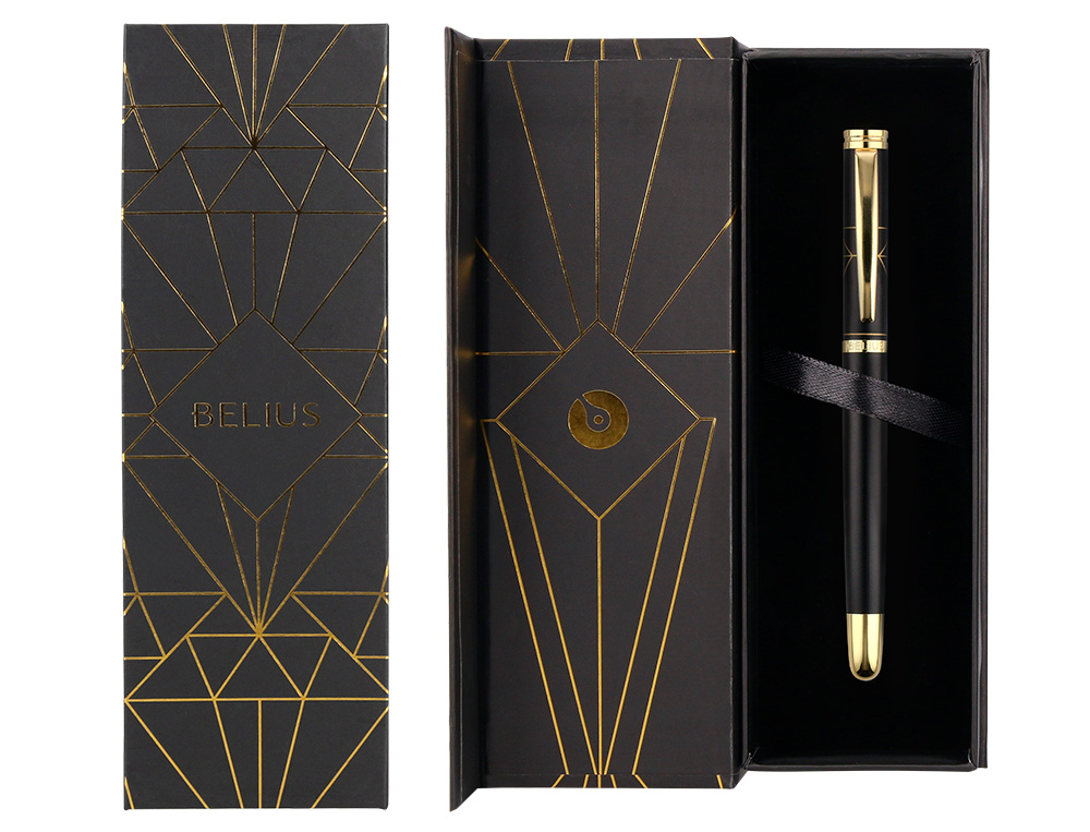 BOLIGRAFO BELIUS SOIREE ALUMINIO COLOR ART DECO NEGRO Y DORADO TINTA AZUL CAJA DE DISEÑO