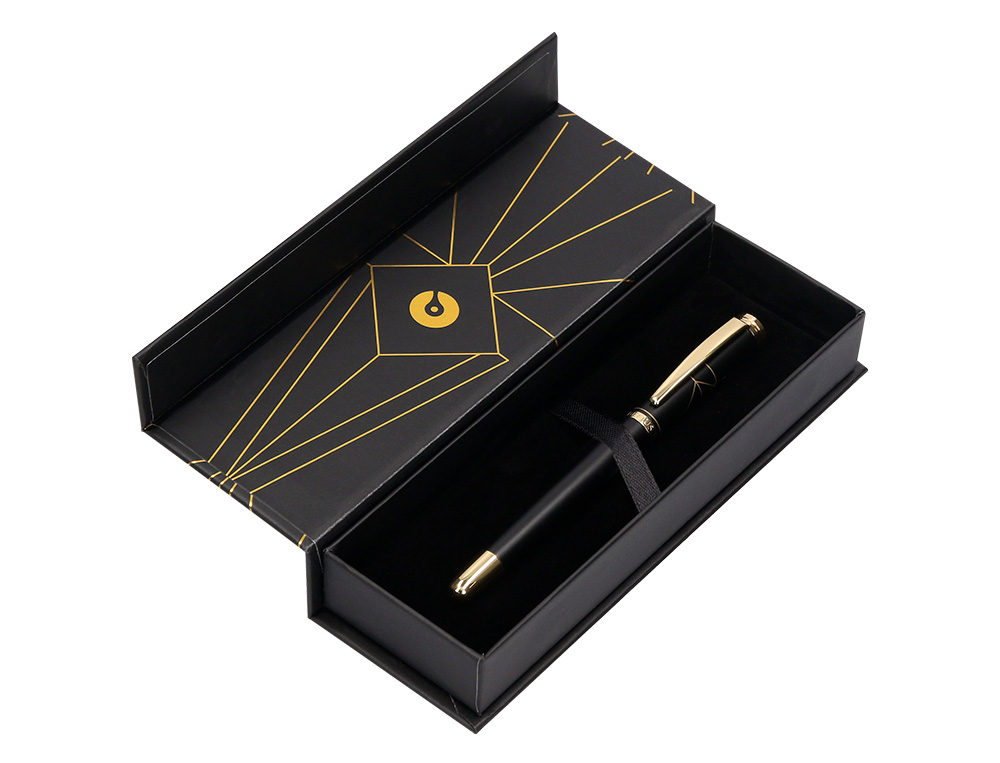 BOLIGRAFO BELIUS SOIREE ALUMINIO COLOR ART DECO NEGRO Y DORADO TINTA AZUL CAJA DE DISEÑO