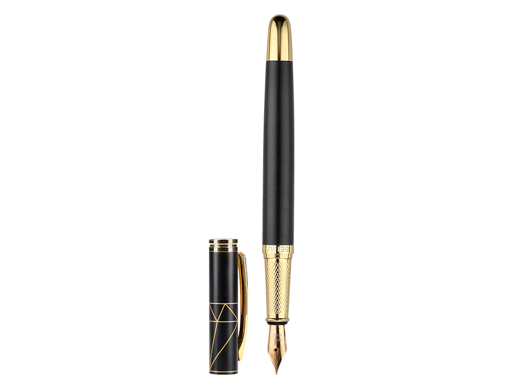 PLUMA Y ESTUCHE BELIUS SOIREE COLOR ART DECO NEGRO Y DORADO TINTA AZUL CAJA DE DISEÑO