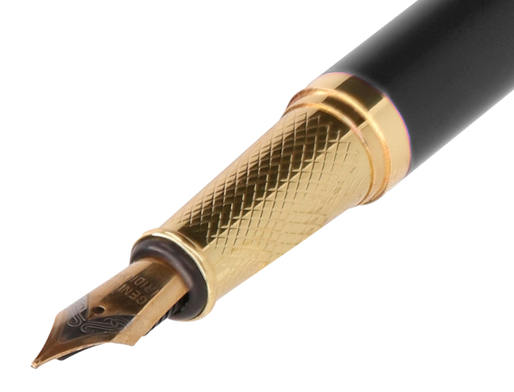 PLUMA Y ESTUCHE BELIUS SOIREE COLOR ART DECO NEGRO Y DORADO TINTA AZUL CAJA DE DISEÑO