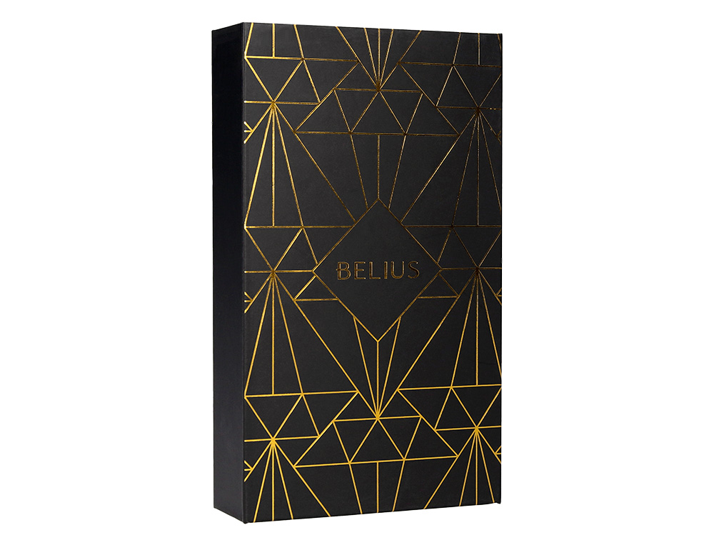 PLUMA Y ESTUCHE BELIUS SOIREE COLOR ART DECO NEGRO Y DORADO TINTA AZUL CAJA DE DISEÑO