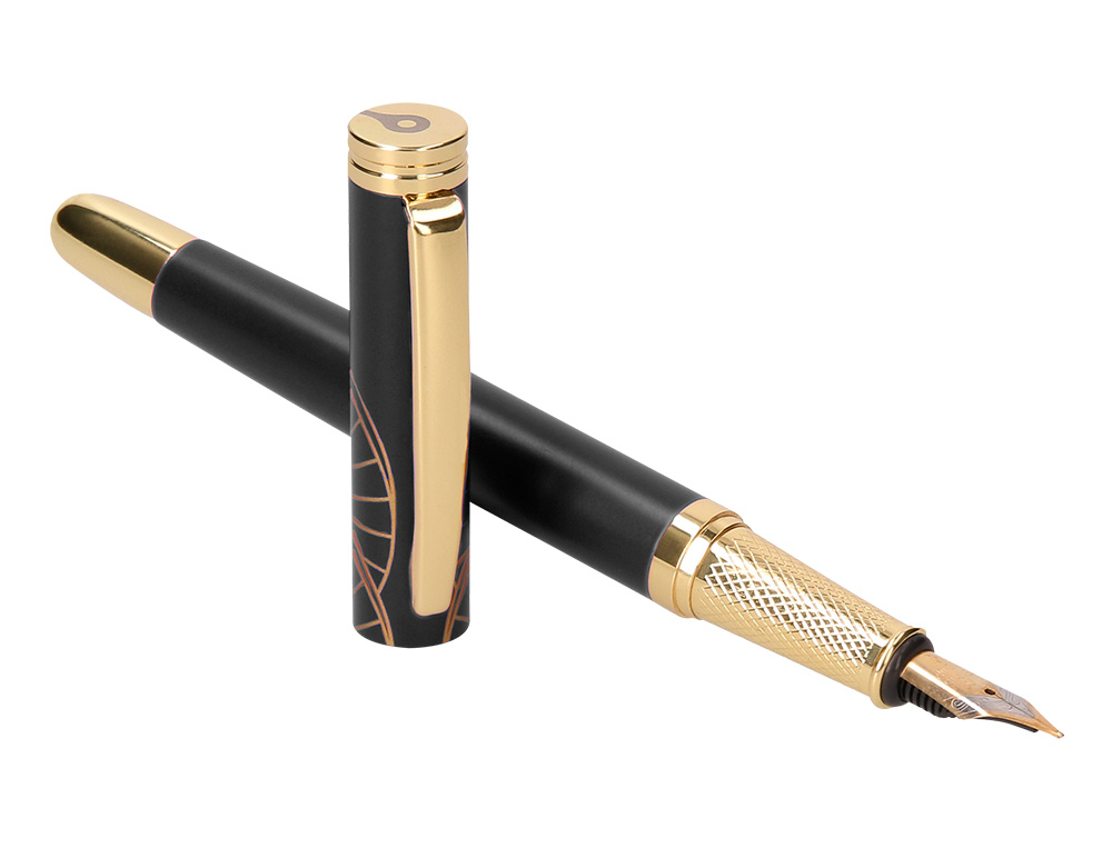 PLUMA Y ESTUCHE BELIUS SOIREE COLOR ART DECO NEGRO Y DORADO TINTA AZUL CAJA DE DISEÑO